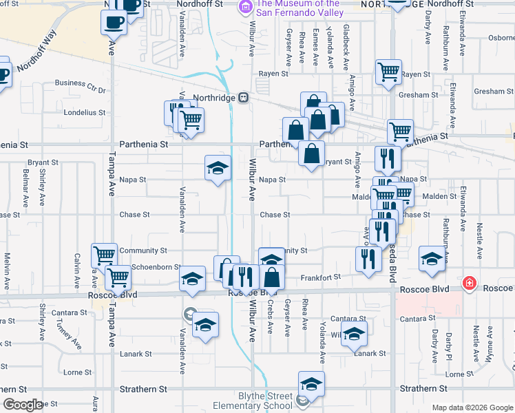 map of restaurants, bars, coffee shops, grocery stores, and more near 18900 Malden Street in Los Angeles