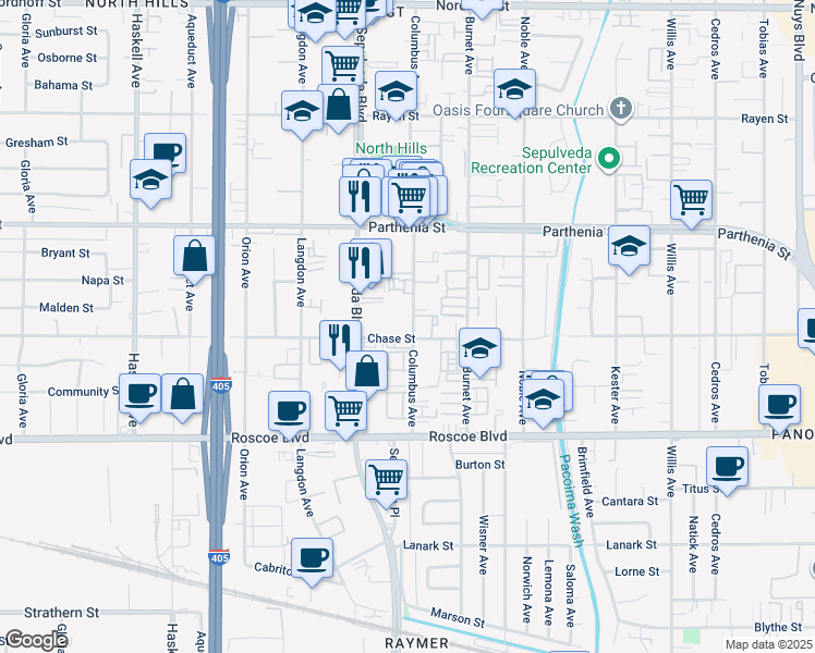 map of restaurants, bars, coffee shops, grocery stores, and more near 8505 Columbus Avenue in Los Angeles