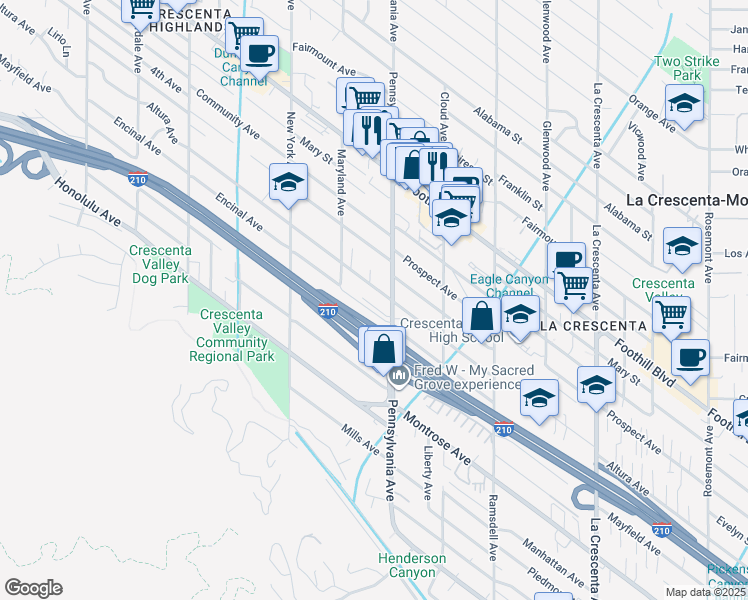map of restaurants, bars, coffee shops, grocery stores, and more near 3220 Altura Avenue in La Crescenta-Montrose