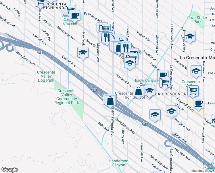 map of restaurants, bars, coffee shops, grocery stores, and more near 3220 Altura Avenue in Glendale
