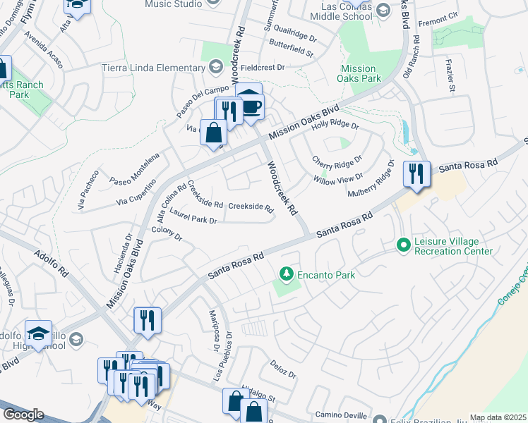 map of restaurants, bars, coffee shops, grocery stores, and more near 5258 Creekside Road in Camarillo