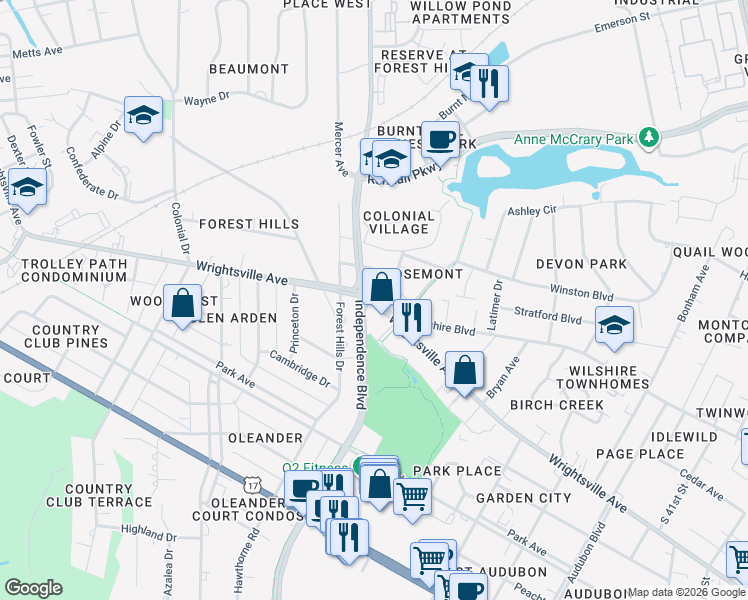 map of restaurants, bars, coffee shops, grocery stores, and more near Wrightsville Avenue in New Hanover