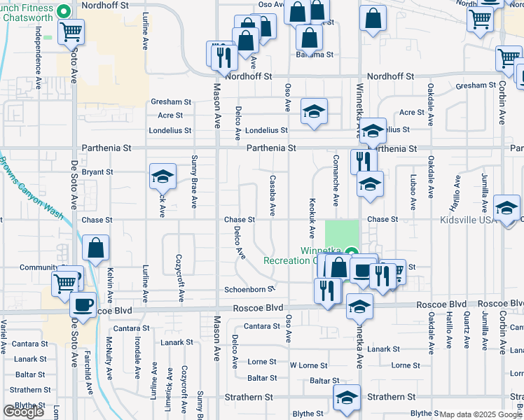map of restaurants, bars, coffee shops, grocery stores, and more near 8512 Fullbright Avenue in Los Angeles