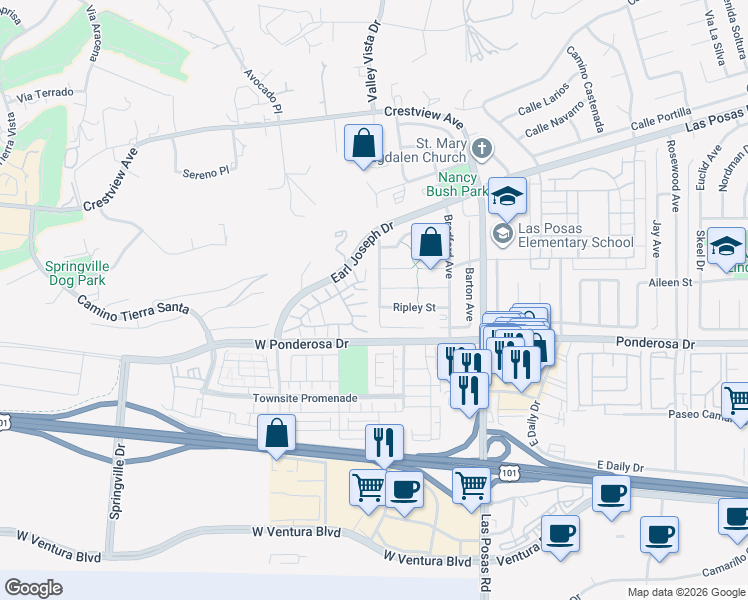 map of restaurants, bars, coffee shops, grocery stores, and more near 809 Green Lawn Avenue in Camarillo