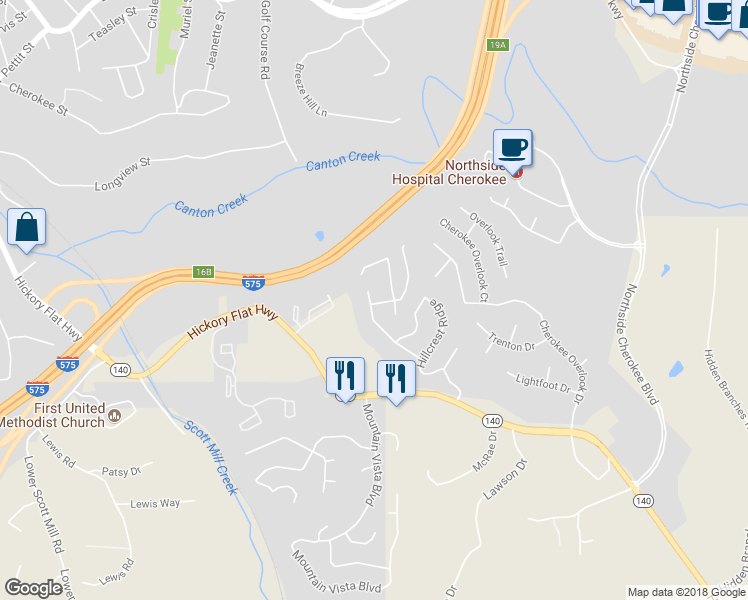 map of restaurants, bars, coffee shops, grocery stores, and more near 318 Hillcrest Lane in Canton