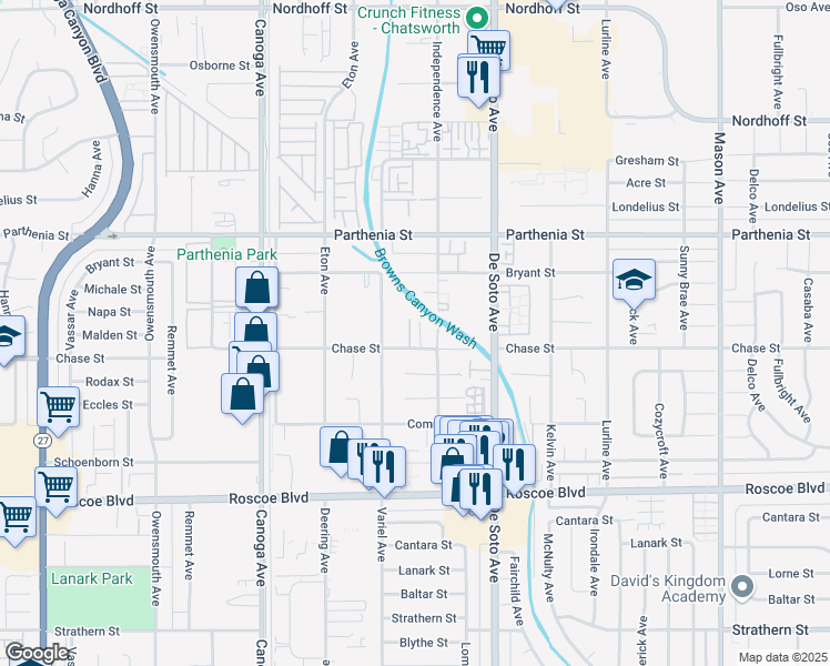 map of restaurants, bars, coffee shops, grocery stores, and more near 8512 Browns Creek Lane in Los Angeles