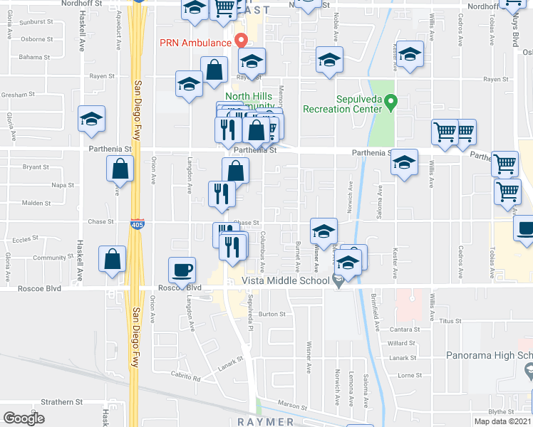 map of restaurants, bars, coffee shops, grocery stores, and more near 8510 Columbus Avenue in North Hills