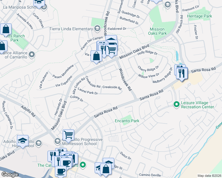 map of restaurants, bars, coffee shops, grocery stores, and more near 5226 Creekside Road in Camarillo