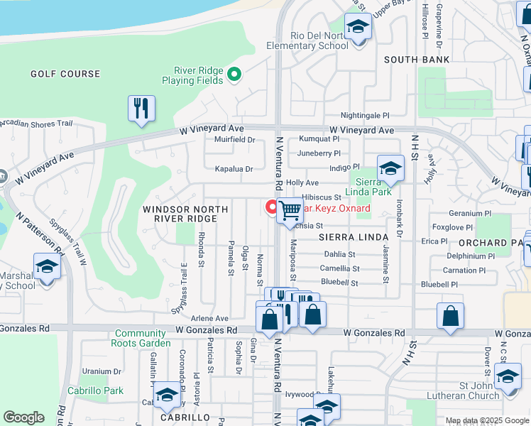 map of restaurants, bars, coffee shops, grocery stores, and more near 2150 Norma Court in Oxnard