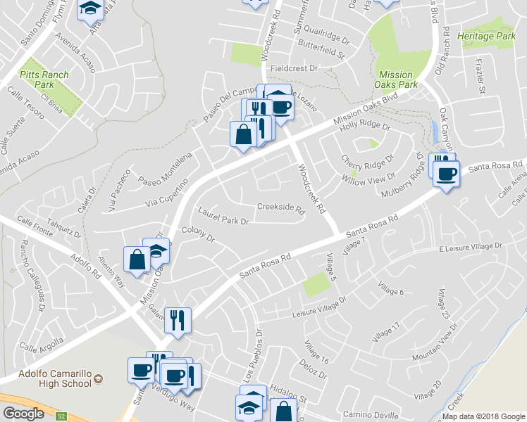 map of restaurants, bars, coffee shops, grocery stores, and more near 5184 Creekside Road in Camarillo