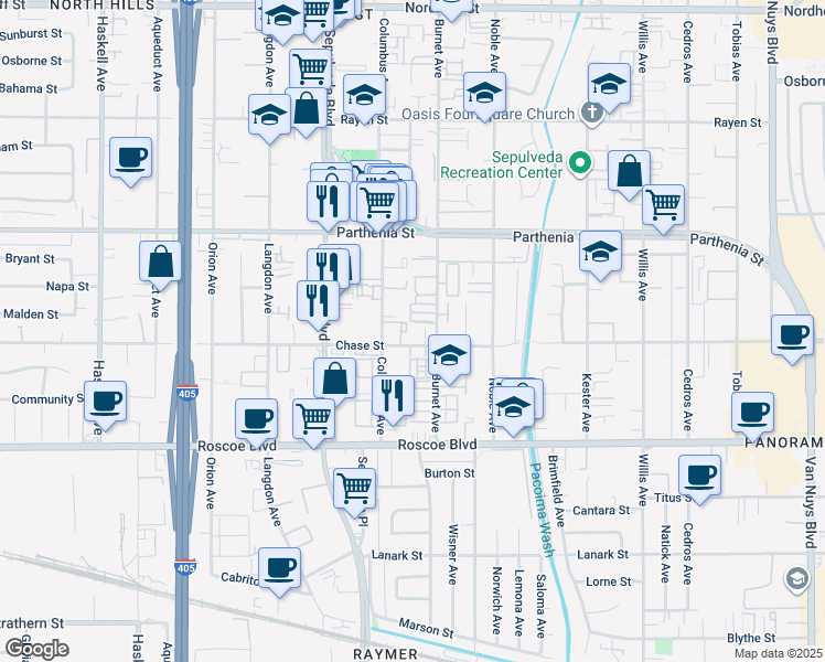 map of restaurants, bars, coffee shops, grocery stores, and more near 8527 Burnet Avenue in Los Angeles