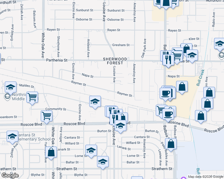 map of restaurants, bars, coffee shops, grocery stores, and more near 8515 Louise Avenue in Los Angeles
