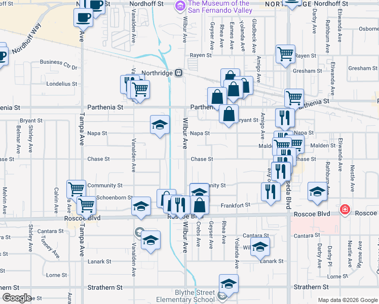 map of restaurants, bars, coffee shops, grocery stores, and more near 18900 Malden Street in Los Angeles