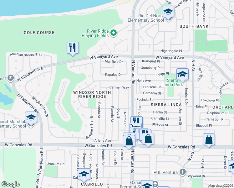 map of restaurants, bars, coffee shops, grocery stores, and more near 2160 Olga Street in Oxnard
