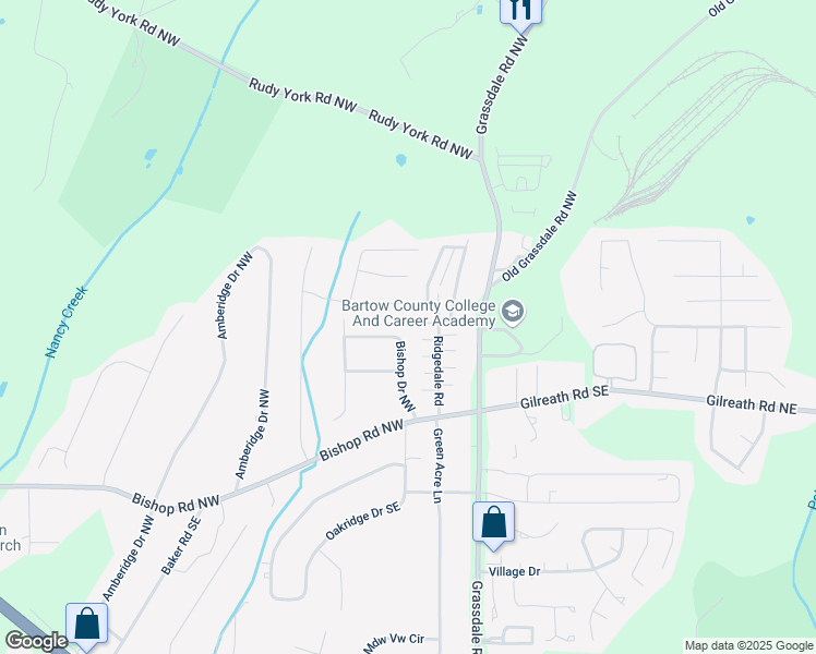 map of restaurants, bars, coffee shops, grocery stores, and more near 72 Bishop Drive Northwest in Cartersville