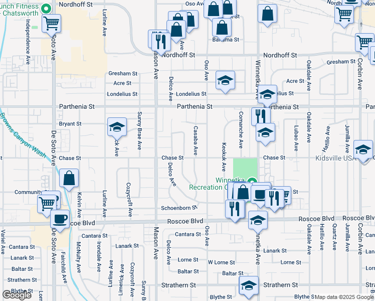 map of restaurants, bars, coffee shops, grocery stores, and more near 8512 Fullbright Avenue in Los Angeles