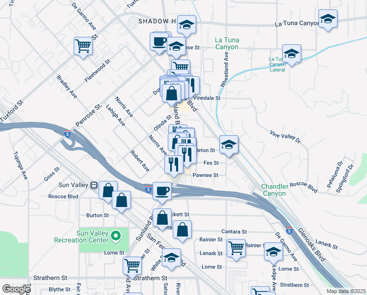 map of restaurants, bars, coffee shops, grocery stores, and more near 8500 Sunland Boulevard in Los Angeles