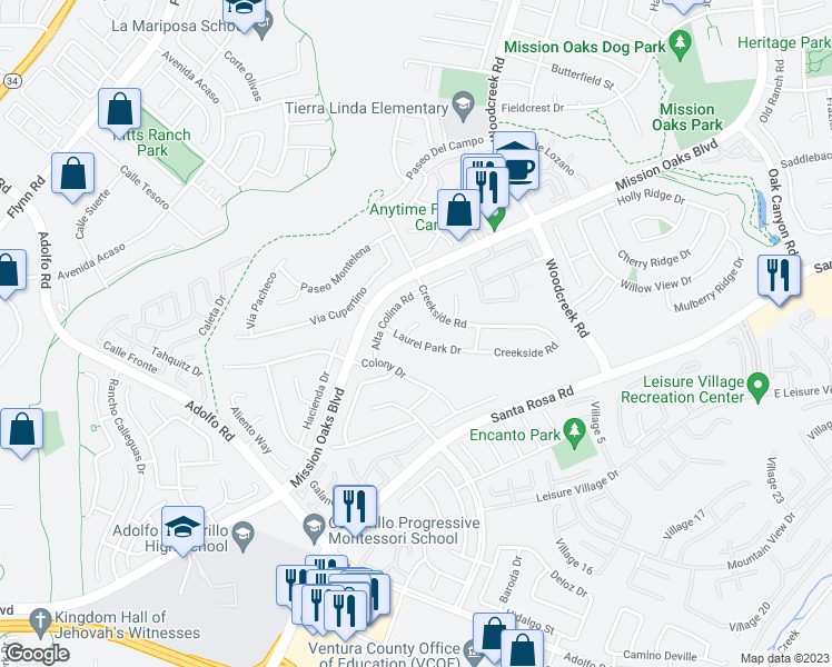 map of restaurants, bars, coffee shops, grocery stores, and more near 810 Laurel Park Circle in Camarillo