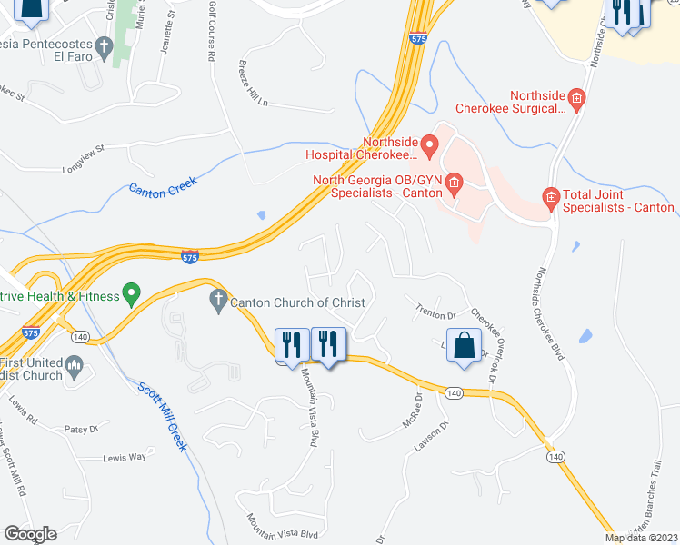 map of restaurants, bars, coffee shops, grocery stores, and more near 410 Hillcrest Cmns in Canton