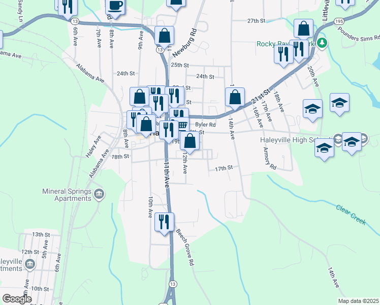 map of restaurants, bars, coffee shops, grocery stores, and more near 1209 18th Street in Haleyville
