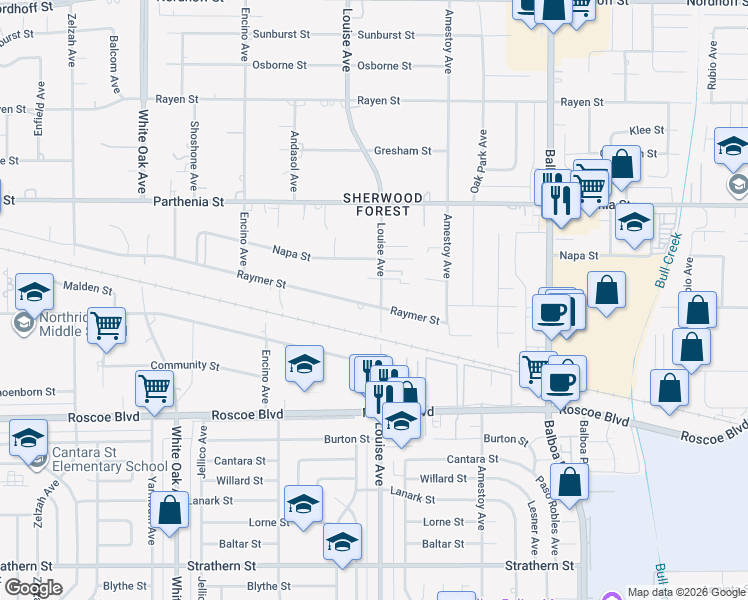map of restaurants, bars, coffee shops, grocery stores, and more near 8515 Louise Avenue in Los Angeles