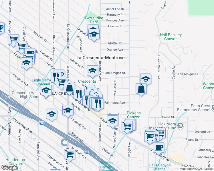 map of restaurants, bars, coffee shops, grocery stores, and more near 4653 Marellen Place in La Crescenta-Montrose