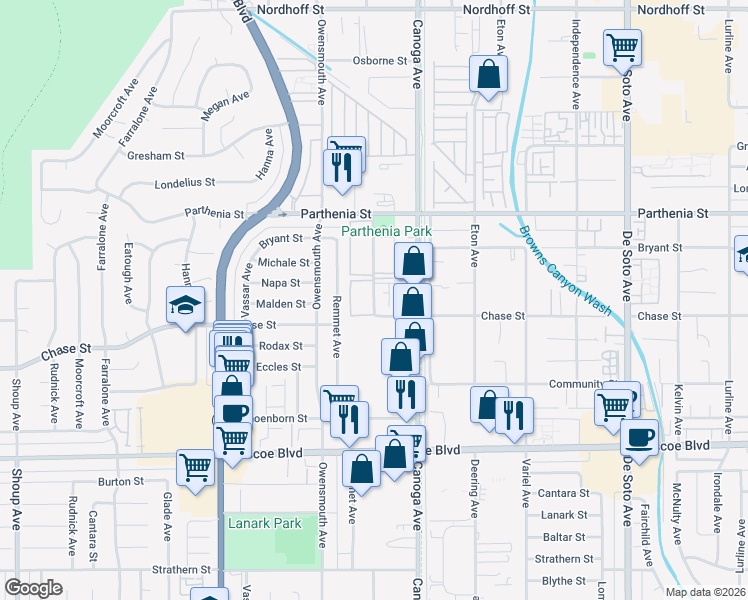 map of restaurants, bars, coffee shops, grocery stores, and more near 8526 International Avenue in Los Angeles