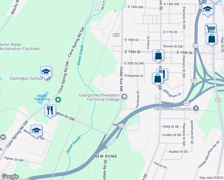 map of restaurants, bars, coffee shops, grocery stores, and more near 100 Vocational Drive in Rome