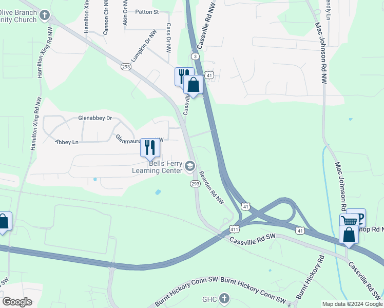 map of restaurants, bars, coffee shops, grocery stores, and more near 1341 Cassville Road Southwest in Cartersville