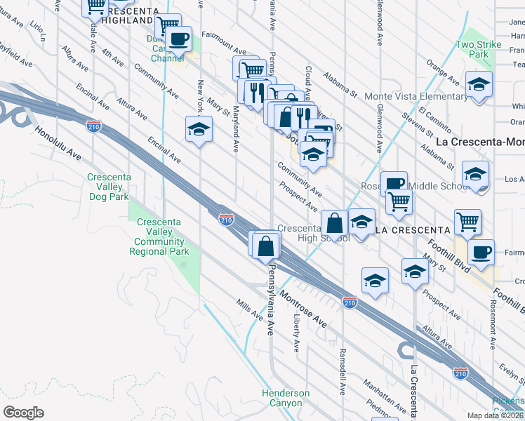 map of restaurants, bars, coffee shops, grocery stores, and more near 3220 Altura Avenue in La Crescenta-Montrose