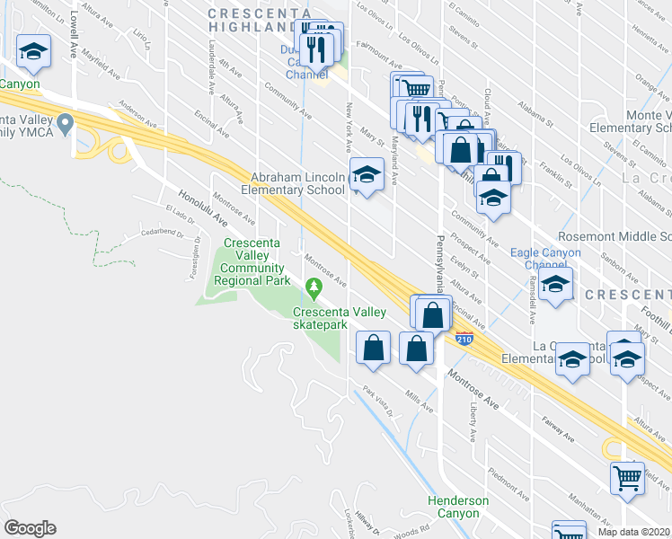 map of restaurants, bars, coffee shops, grocery stores, and more near 3419 Montrose Avenue in Glendale