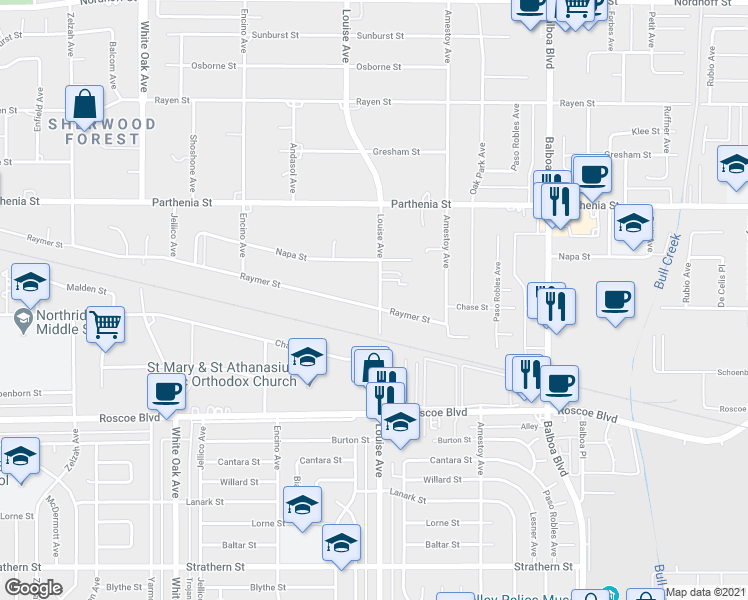map of restaurants, bars, coffee shops, grocery stores, and more near 8505 Louise Avenue in Northridge