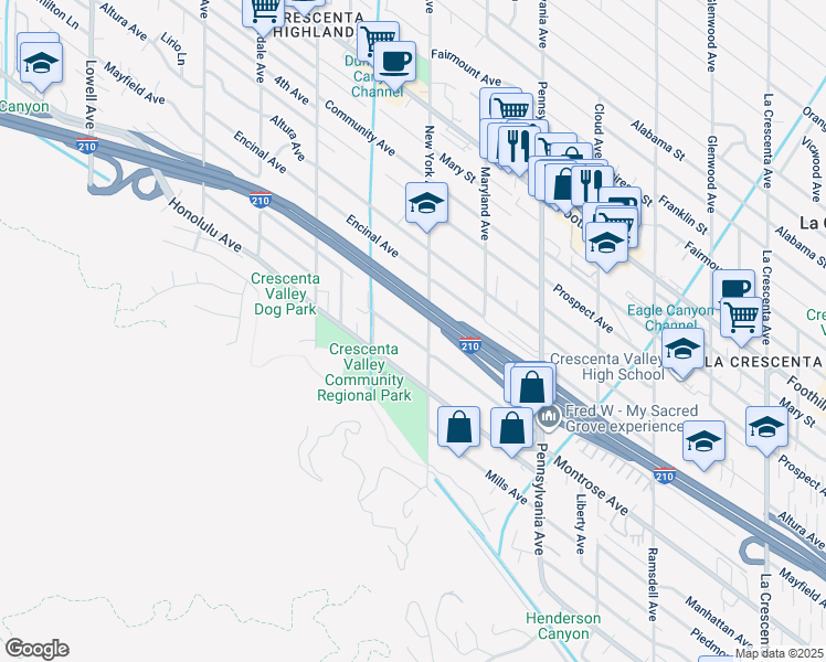 map of restaurants, bars, coffee shops, grocery stores, and more near 3419 Montrose Avenue in Glendale