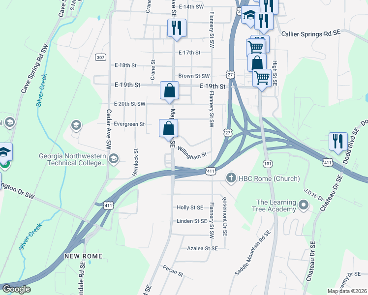 map of restaurants, bars, coffee shops, grocery stores, and more near 2039 Maple Avenue Southwest in Rome