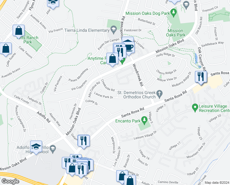 map of restaurants, bars, coffee shops, grocery stores, and more near 5144 Creekside Road in Camarillo