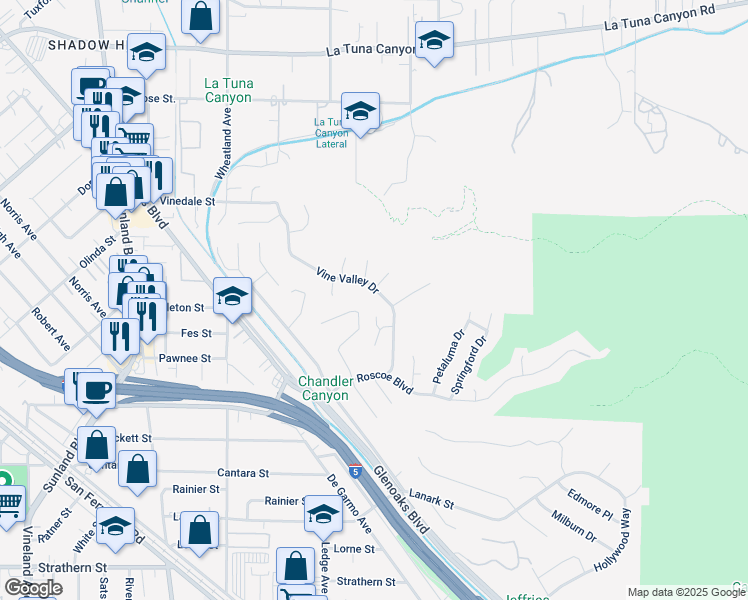 map of restaurants, bars, coffee shops, grocery stores, and more near 8535 Vine Valley Drive in Los Angeles