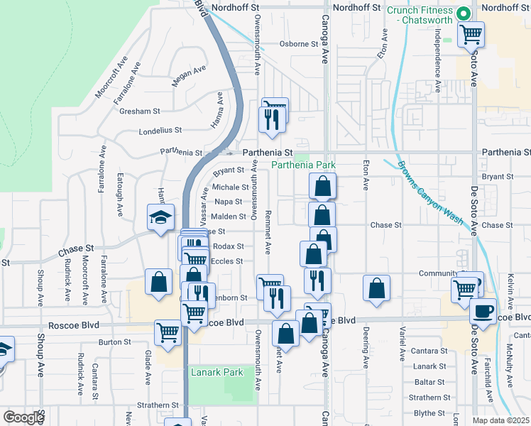 map of restaurants, bars, coffee shops, grocery stores, and more near 8513 Remmet Avenue in Los Angeles
