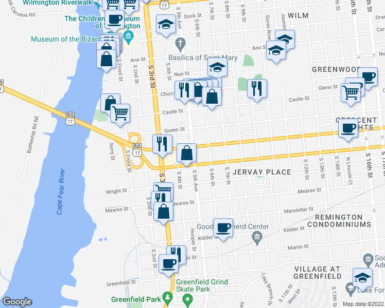 map of restaurants, bars, coffee shops, grocery stores, and more near 808 South 5th Street in Wilmington
