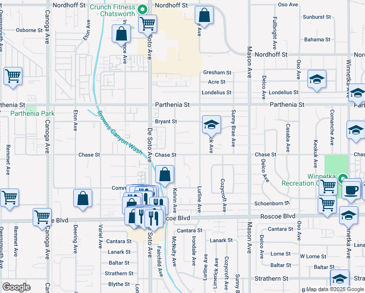 map of restaurants, bars, coffee shops, grocery stores, and more near 20742 Malden Street in Los Angeles