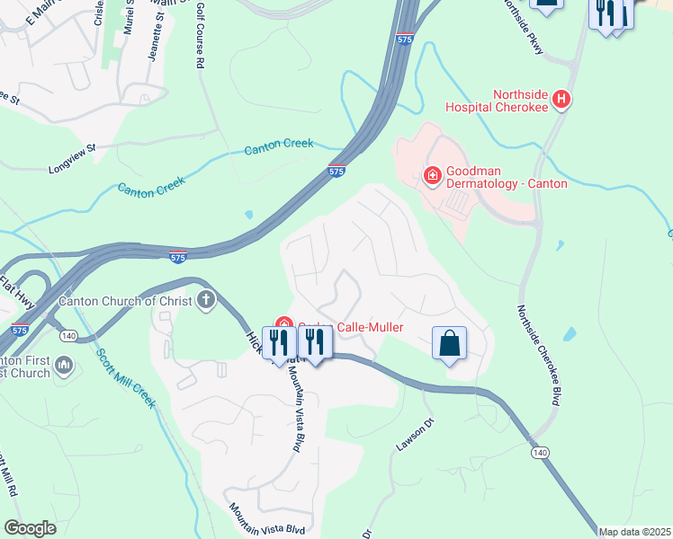 map of restaurants, bars, coffee shops, grocery stores, and more near 250 Hillcrest Ridge in Canton