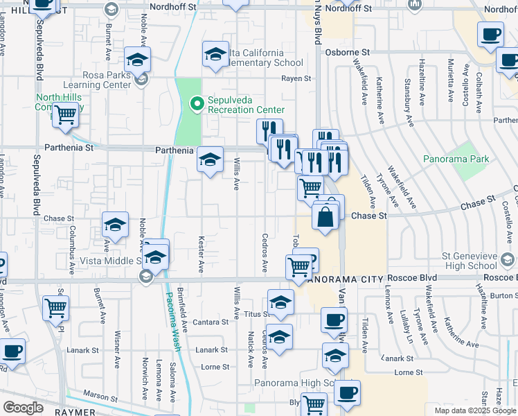 map of restaurants, bars, coffee shops, grocery stores, and more near 8513 Cedros Avenue in Los Angeles