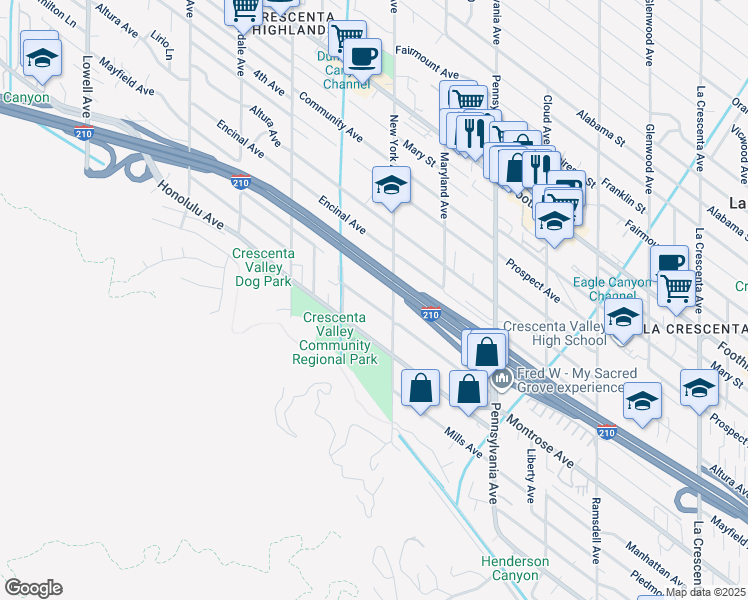 map of restaurants, bars, coffee shops, grocery stores, and more near 3425 Montrose Avenue in Glendale