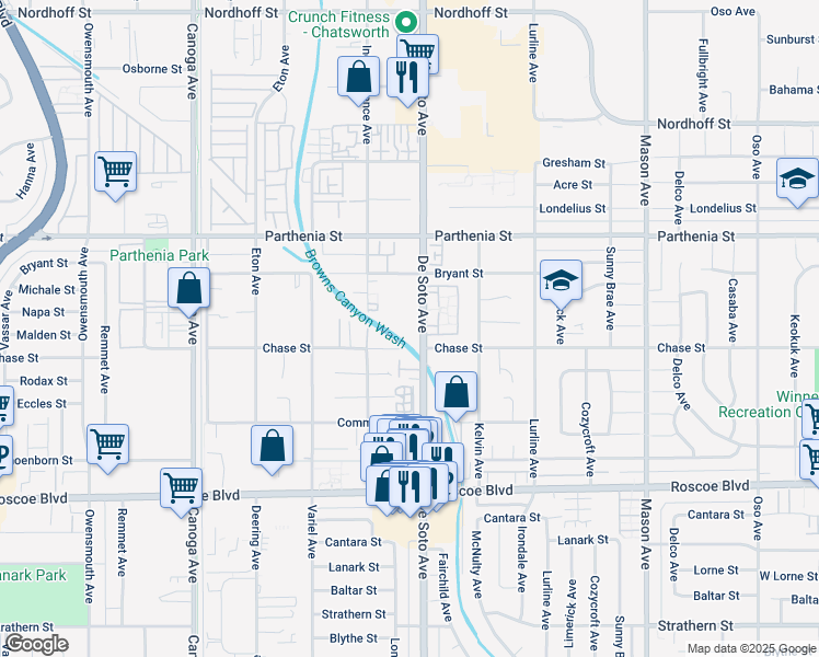 map of restaurants, bars, coffee shops, grocery stores, and more near 8536 De Soto Avenue in Los Angeles