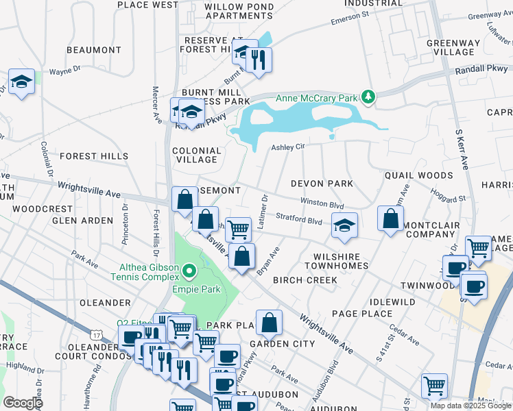 map of restaurants, bars, coffee shops, grocery stores, and more near 710 Latimer Drive in Wilmington