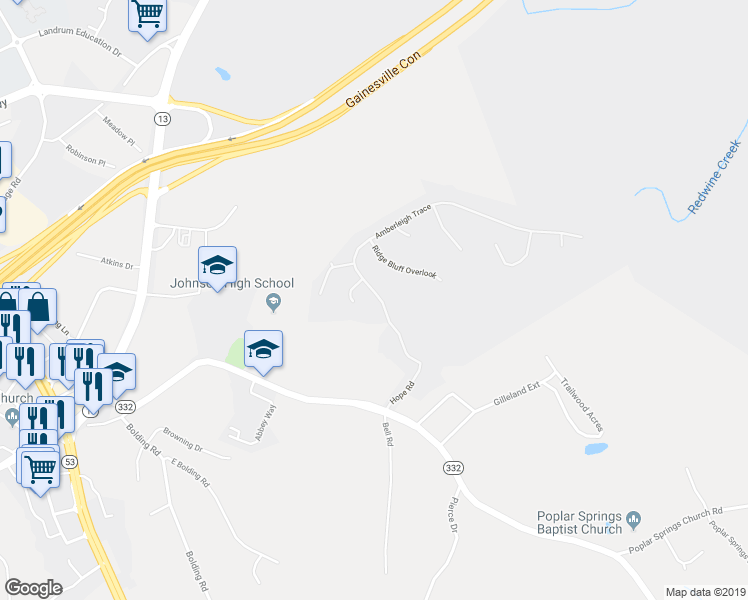 map of restaurants, bars, coffee shops, grocery stores, and more near 3553 Amberleigh Trace in Gainesville
