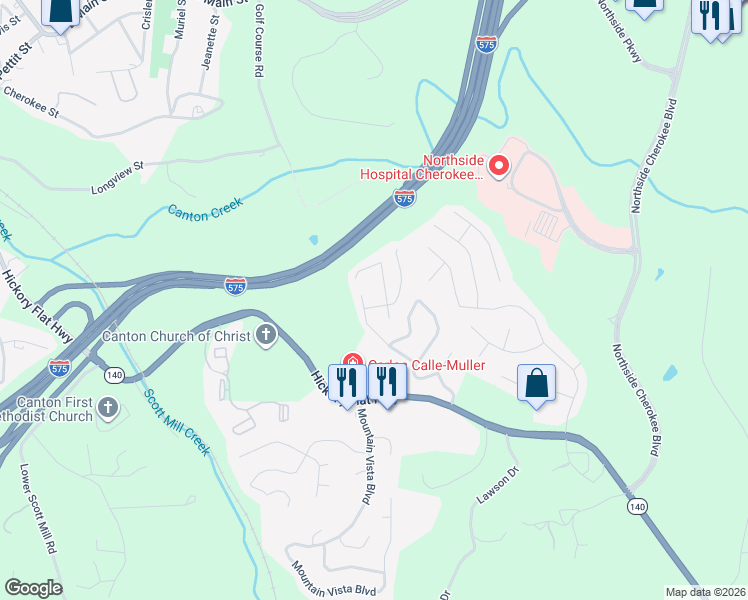 map of restaurants, bars, coffee shops, grocery stores, and more near 510 Hillcrest Cross Road in Canton