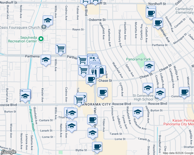 map of restaurants, bars, coffee shops, grocery stores, and more near 8526 Van Nuys Boulevard in Los Angeles