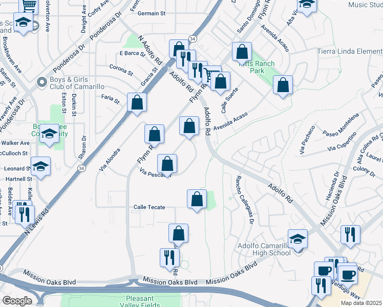 map of restaurants, bars, coffee shops, grocery stores, and more near 4045 Via Pescador in Camarillo