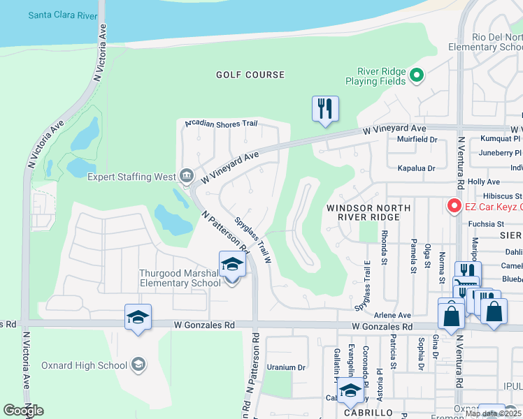 map of restaurants, bars, coffee shops, grocery stores, and more near 2113 Doral Court in Oxnard