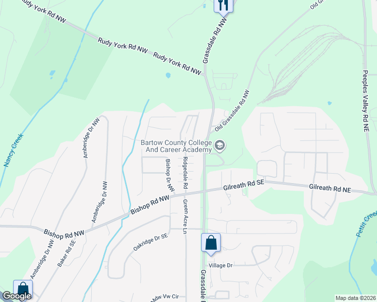 map of restaurants, bars, coffee shops, grocery stores, and more near 10 Pinewood Road Northwest in Cartersville